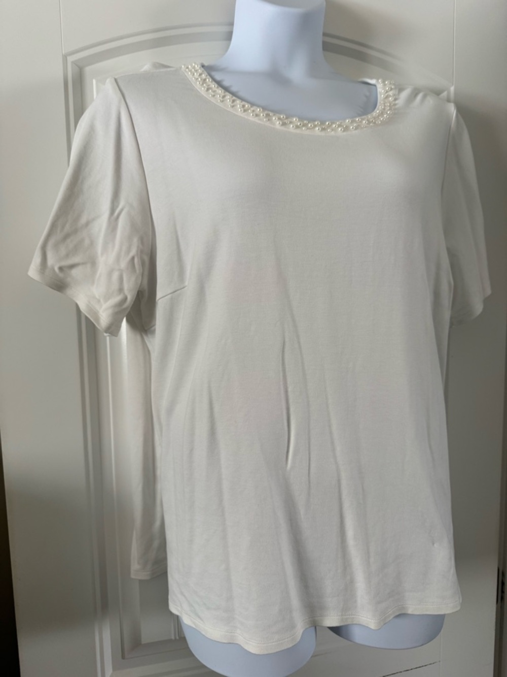 Pearl-Trim Short Sleeve Tee - Cream